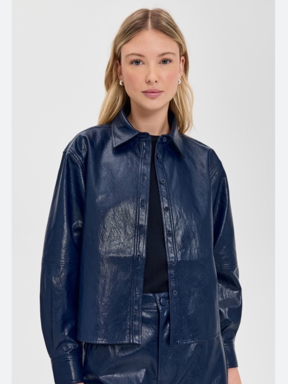 Hunter bell Navy Faux Leather Button-Front Jacket